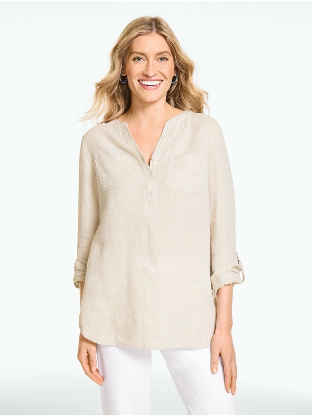Talbots Cream Split-Neck Linen Tunic